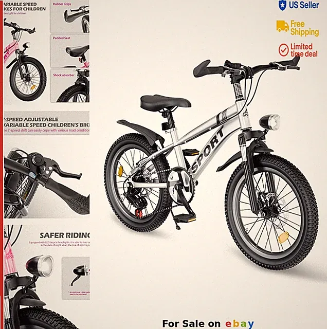 20 Inch Kids Bike 7 Speed Mountain with LED Lights Disc Brakes Silver