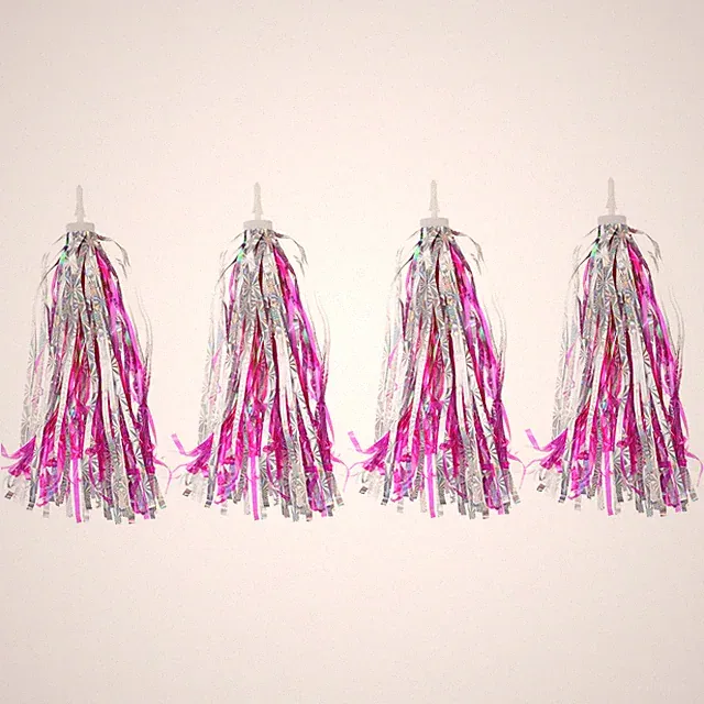4Pcs Bike Streamers Scooter Handlebar Tassels Grip Ribbon Rose Red Silver
