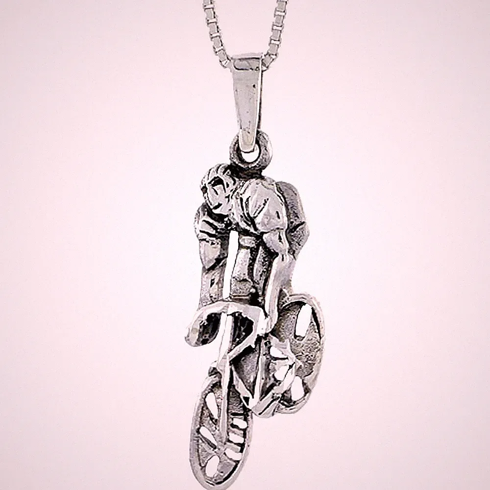 925 Sterling Silver Bicycle Cyclist Charm Pendant 1 1/16 (27mm) Inch Tall