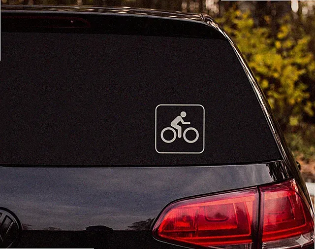 Cyclist Riding Bicycle Silhouette Pictogram Rounded Square Vinyl Decal Sticker