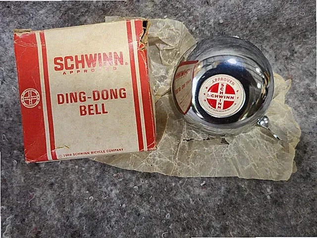 NOS Schwinn Ding-Dong Bicycle Bell, Vintage Silver Metal Early Japan Model 01005