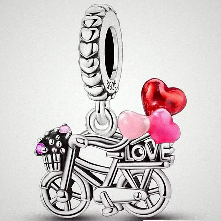 S925 Sterling Silver Bicycle Hearts "LOVE" Dangle Charm Fits Pan**ra Bracelet