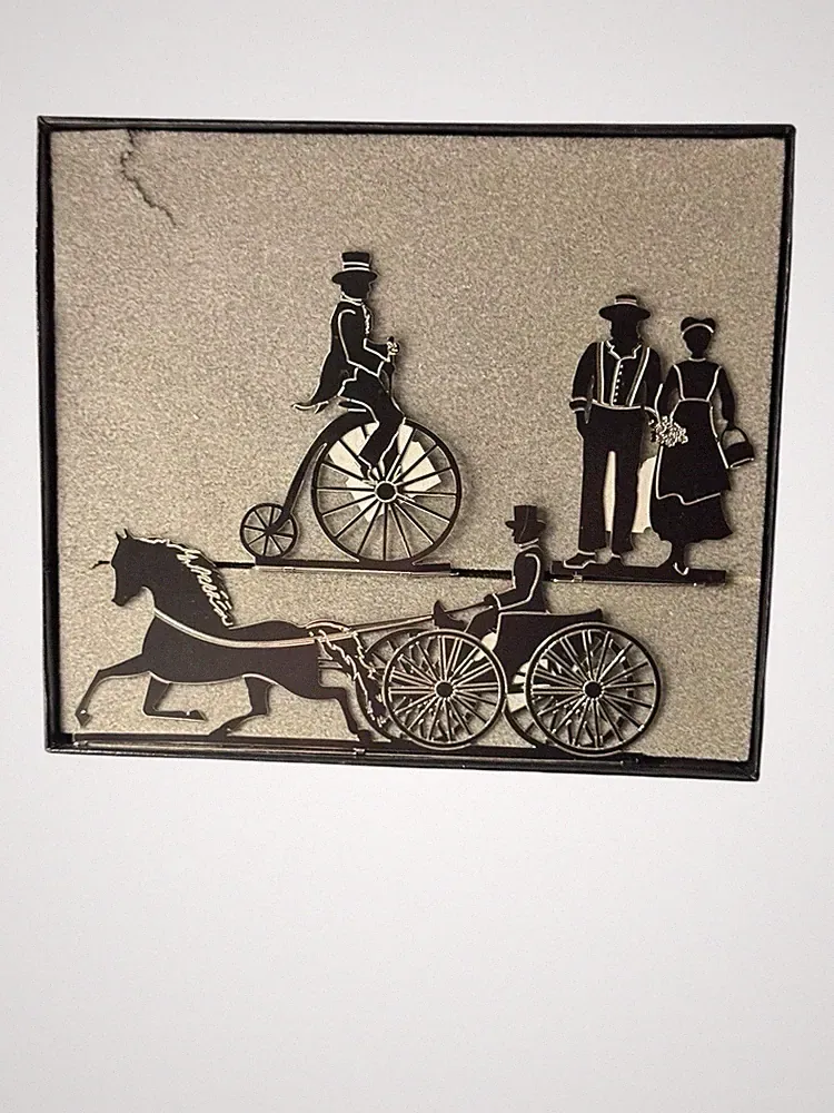 Shadow Play Metal Silhouette Victorian Carriage Bicycle Scene Boxed
