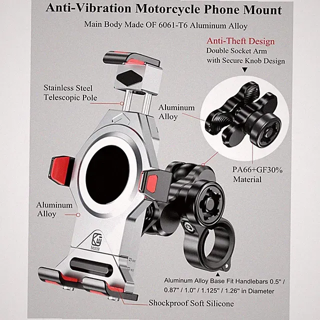 Silver Motorcycle Phone Mount Holder with Vibration Dampener