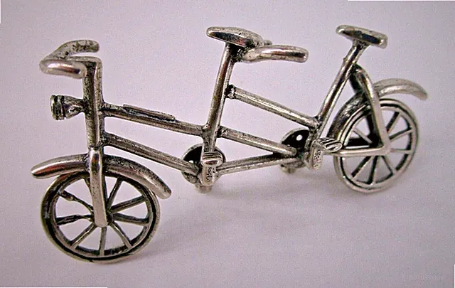 Vintage 800 Silver Tandem Bicycle Miniature Figurine Moveable Wheels Italian